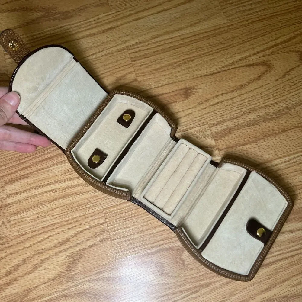 Vintage Brown Leather Mini Travel Jewelry Box Purse Case Fold Out Organizer Y2K